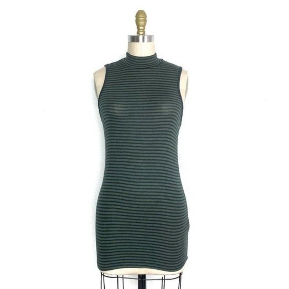 GAP Army Green/Navy Blue Striped Micro Ribbed Sleeveless Mock Neck Tank Top XS
